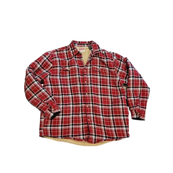 Wrangler sherpa lined flannel jacket red plaid mens XL camp chore button down - Picture 1 of 7
